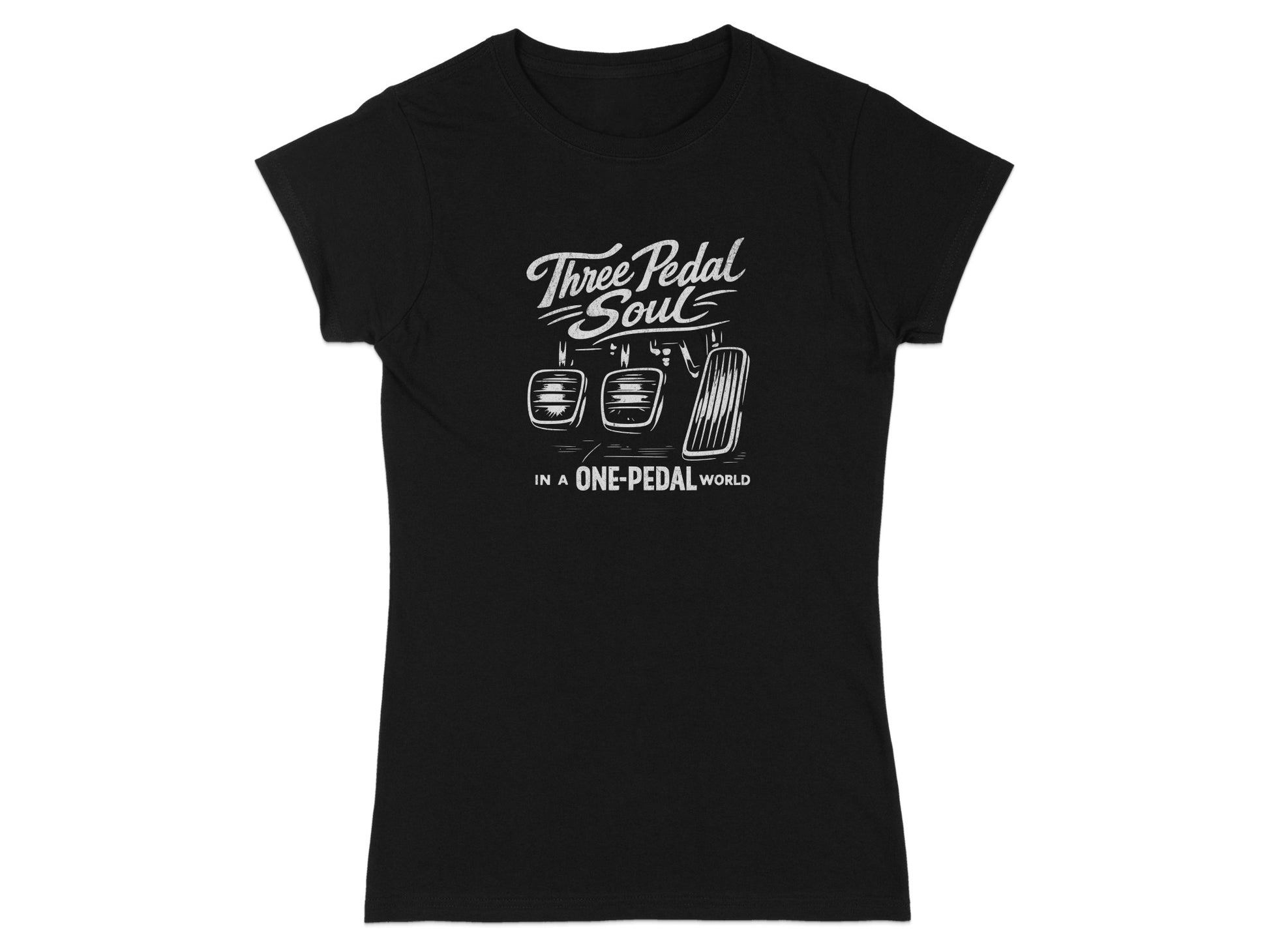 Black t-shirt with "Three Pedal Soul In A One-Pedal World" and pedal graphic.