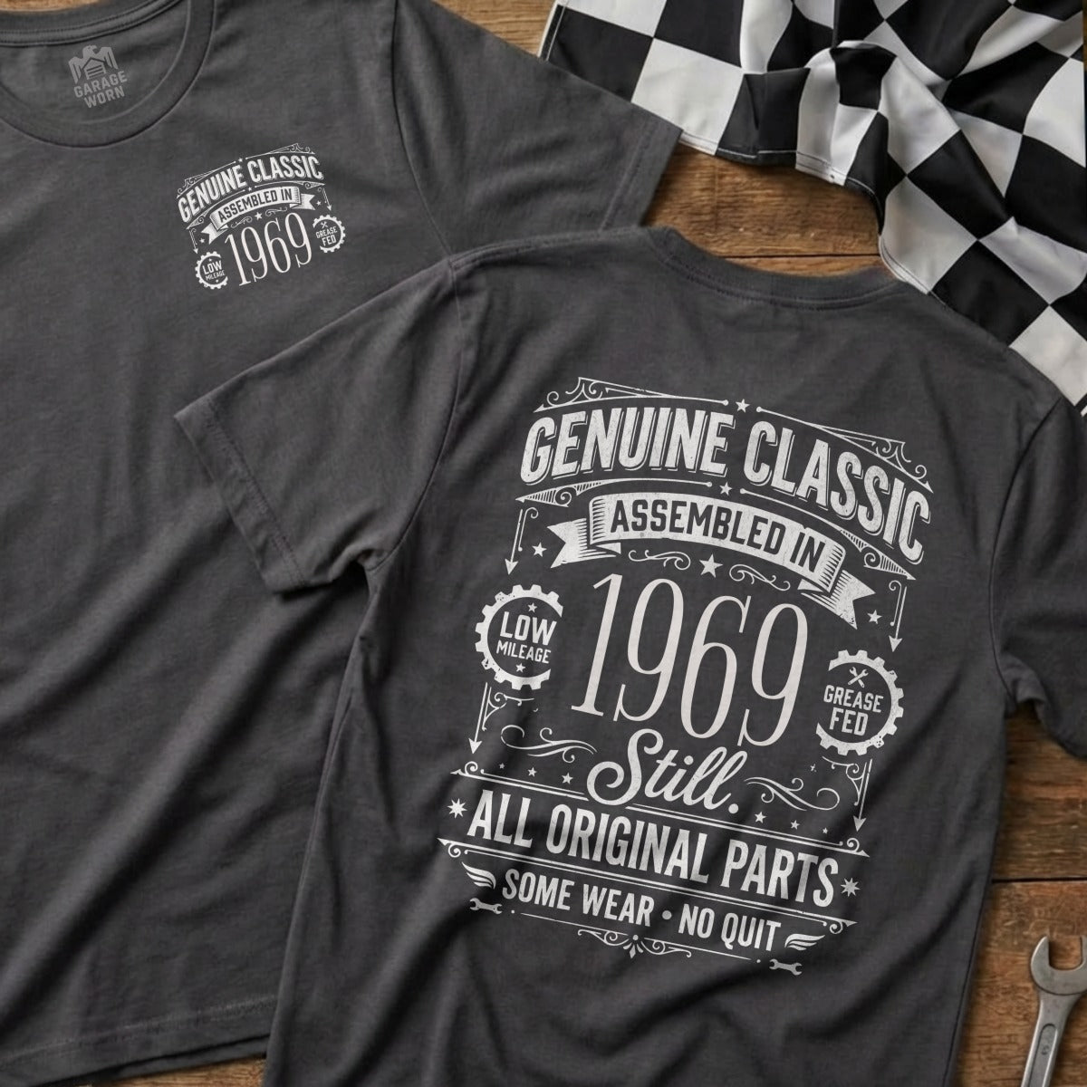 Charcoal grey t-shirts with "Genuine Classic Assembled in 1969" graphic.