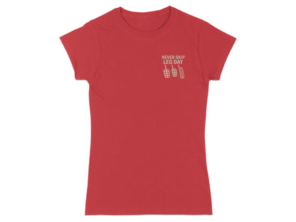 Red t-shirt with "NEVER SKIP LEG DAY" and pedal graphic.
