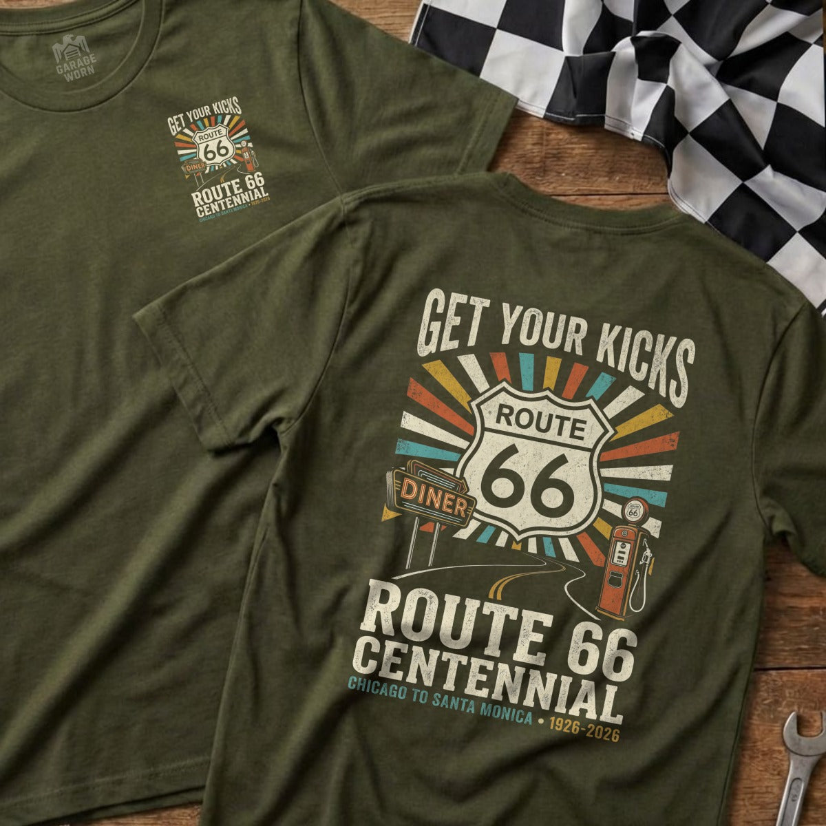 Olive green t-shirt with Route 66 Centennial Chicago to Santa Monica graphic.