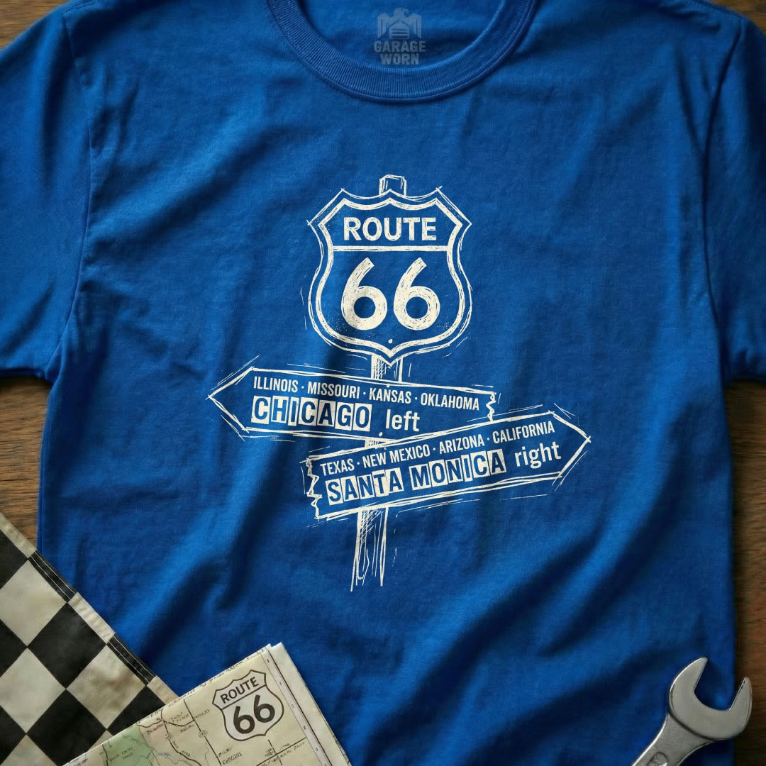 Blue t-shirt with Route 66 sign directing to Chicago and Santa Monica.