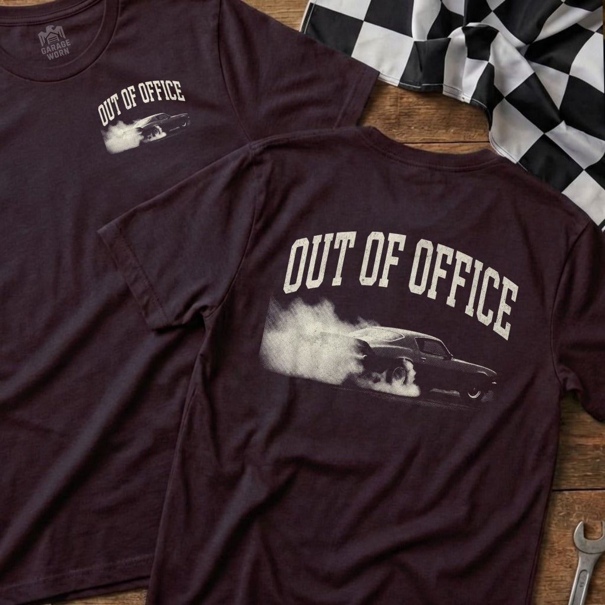Burgundy t-shirt with "OUT OF OFFICE" and a car drifting, seen from the back.