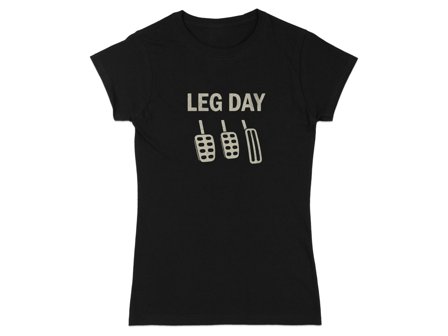 Black t-shirt with "LEG DAY" and car pedal graphic.
