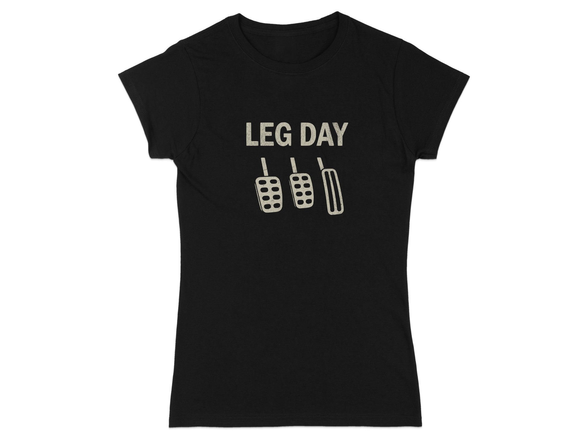 Black t-shirt with "LEG DAY" and car pedal graphic.