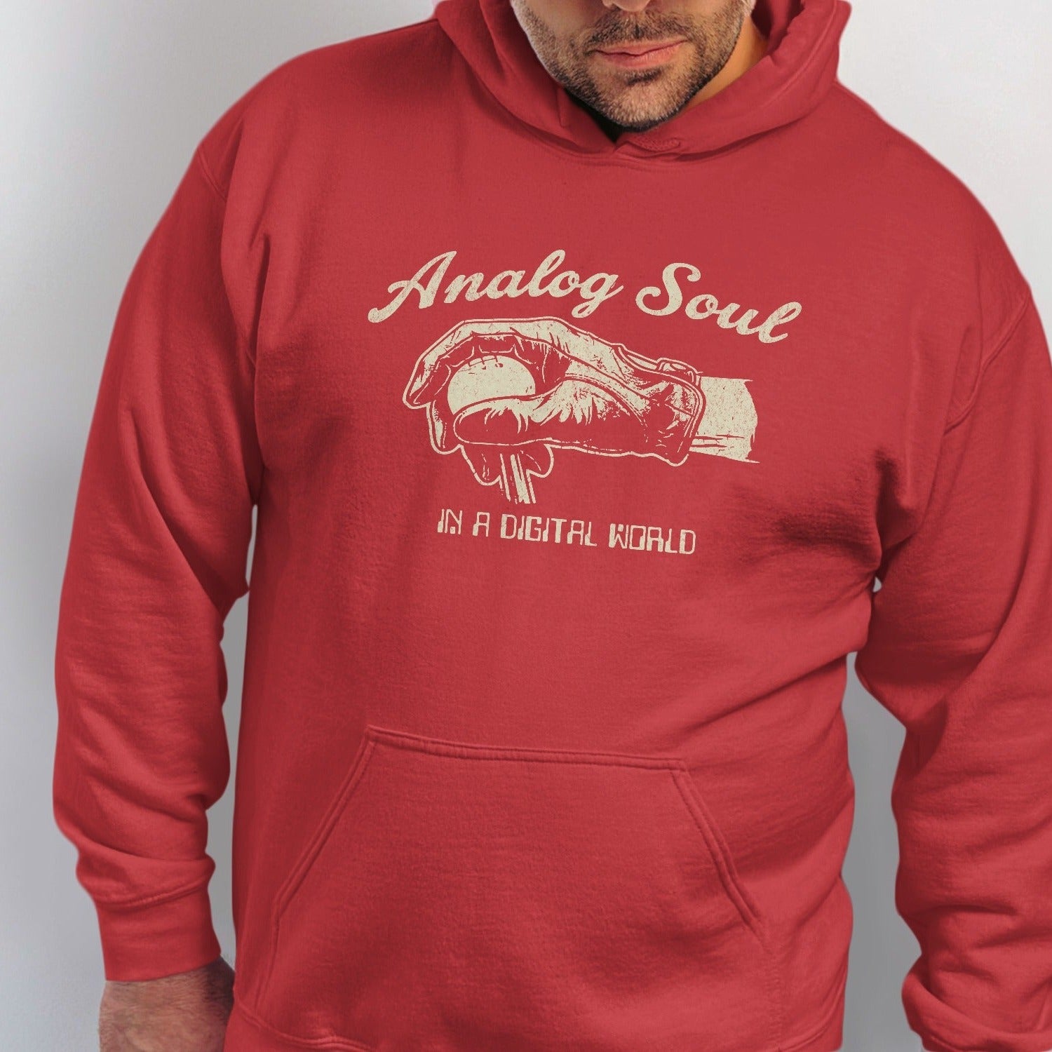 Red hoodie with "Analog Soul" and a hand holding a baseball graphic.