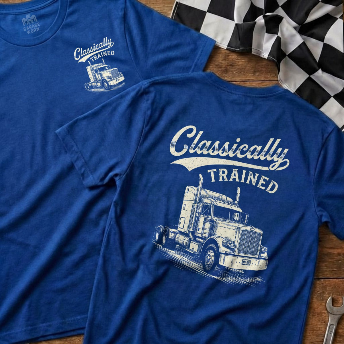 Blue t-shirt with "Classically Trained" text and a sketch of a semi-truck.