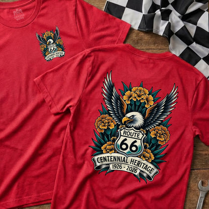Red t-shirt with Route 66 eagle and floral design, Centennial Heritage 1926-2026.