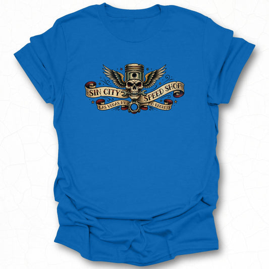 Sin City Speed Shop Graphic Tee with Detailed Design