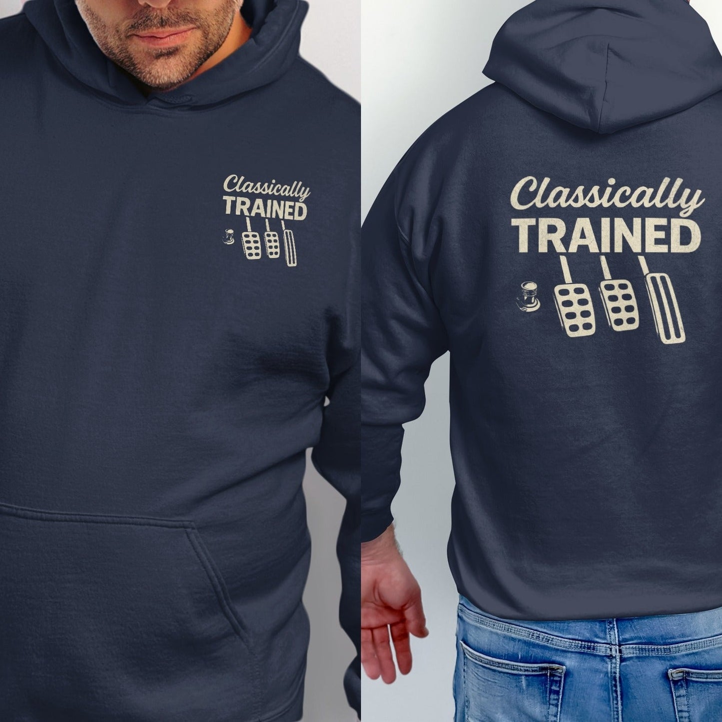 Navy hoodie with "Classically Trained" text and pedal graphics on front and back.