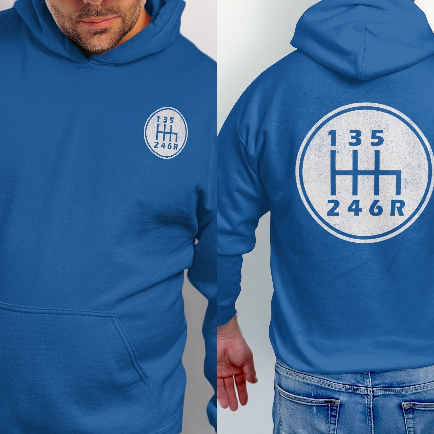 Blue hoodie with a white circular gear shift pattern and text 135 246R.