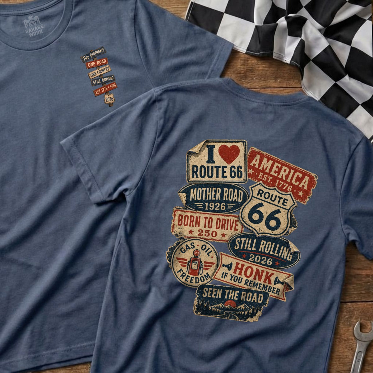 Blue t-shirts with Route 66 and patriotic themes.
