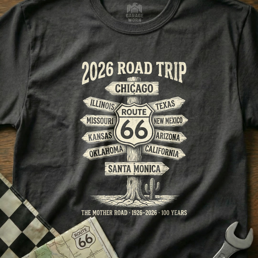 T-shirt with "2026 Road Trip Route 66" graphic and directional signs.