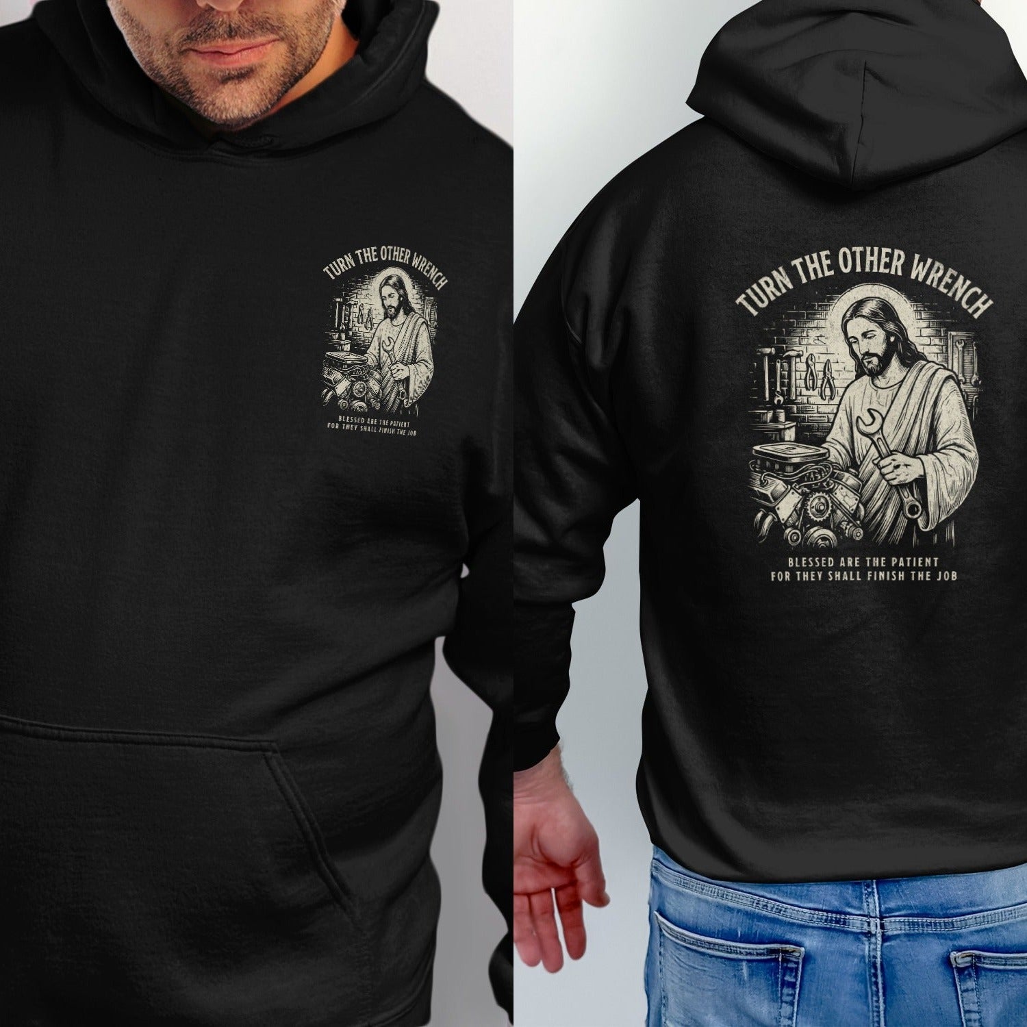 Black hoodie with Jesus holding a wrench and mechanic tools, "Turn the other wrench."
