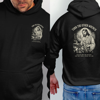 Black hoodie with Jesus holding a wrench and mechanic tools, "Turn the other wrench."