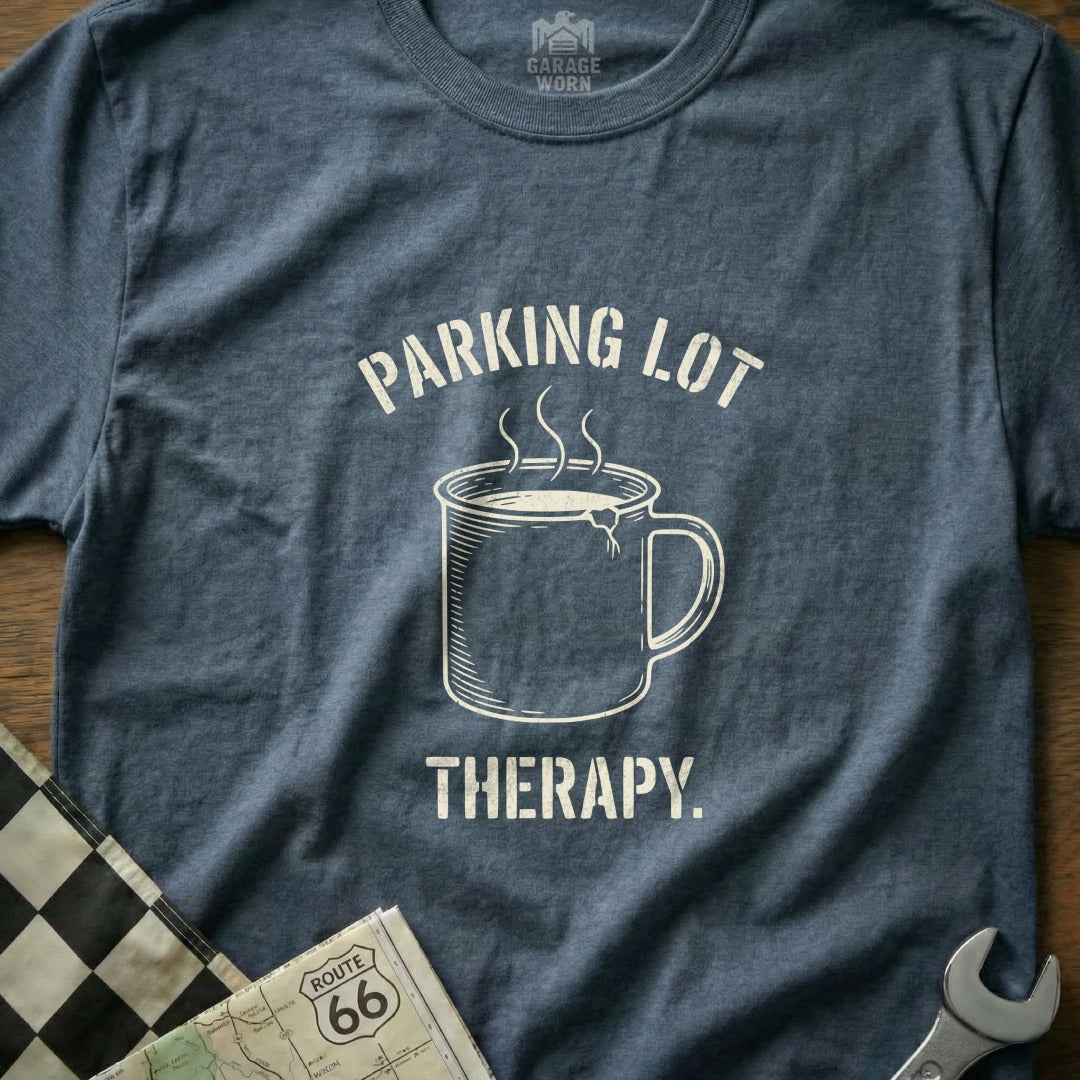Blue t-shirt with "PARKING LOT THERAPY." and coffee cup graphic.