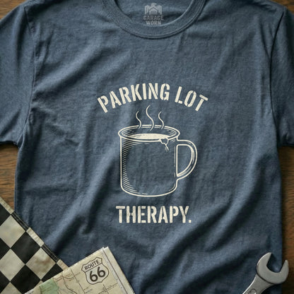 Blue t-shirt with "PARKING LOT THERAPY." and coffee cup graphic.