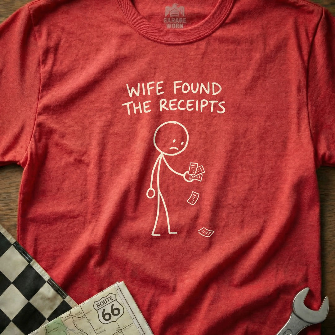 Red t-shirt with stick figure holding receipts, "WIFE FOUND THE RECEIPTS".