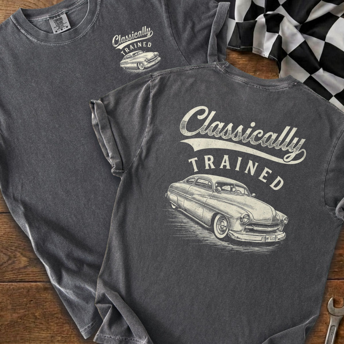 Dark grey t-shirt with "Classically TRAINED" and vintage car graphic.