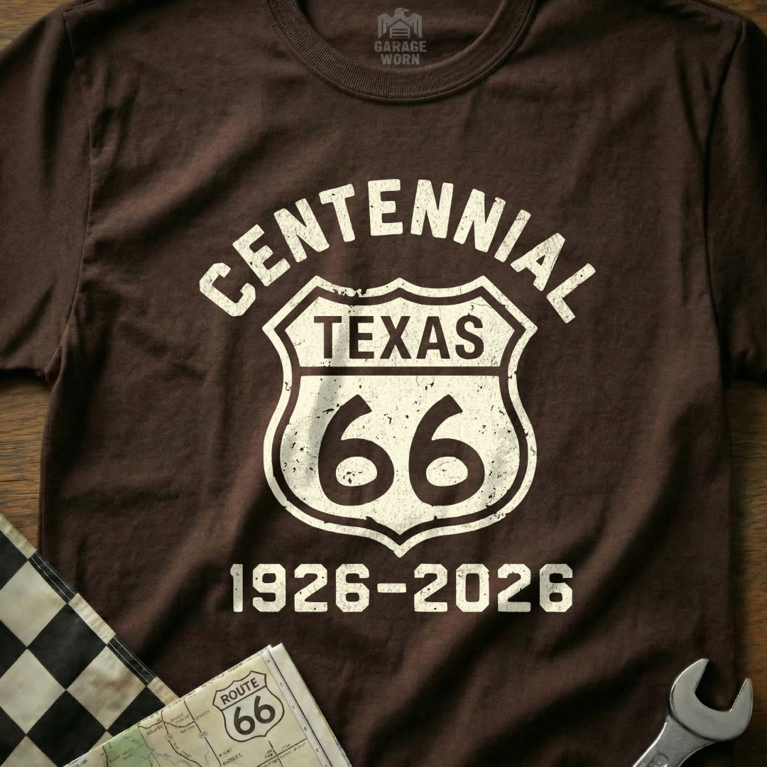 Brown t-shirt with "Centennial Texas Route 66 1926-2026" text.