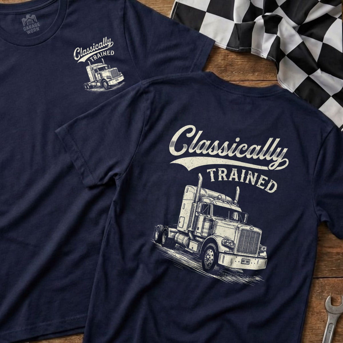 Navy t-shirt with white graphic of a semi-truck and "Classically TRAINED" text.