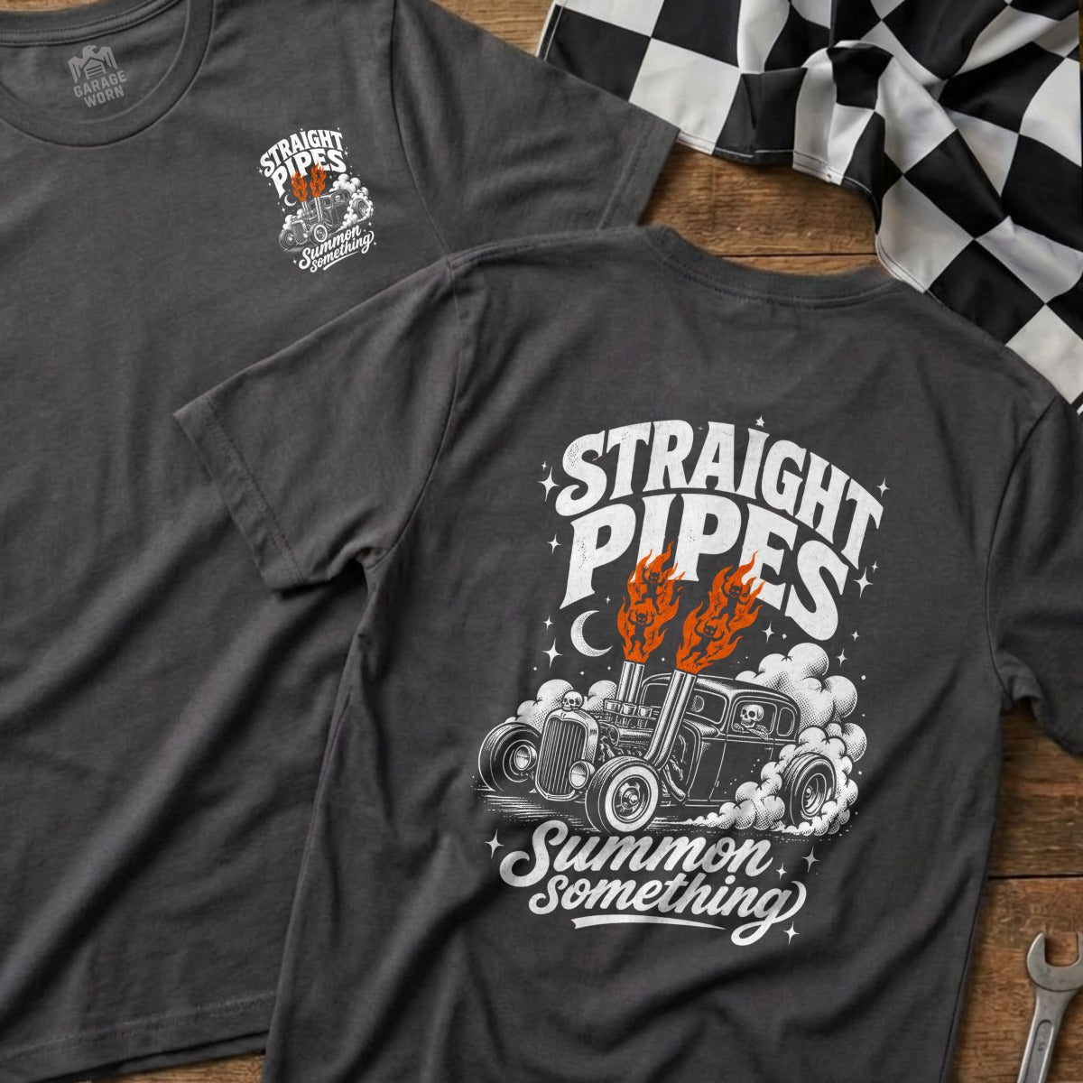 T-shirt with "Straight Pipes Summon Something" graphic of a hot rod with flames and smoke.