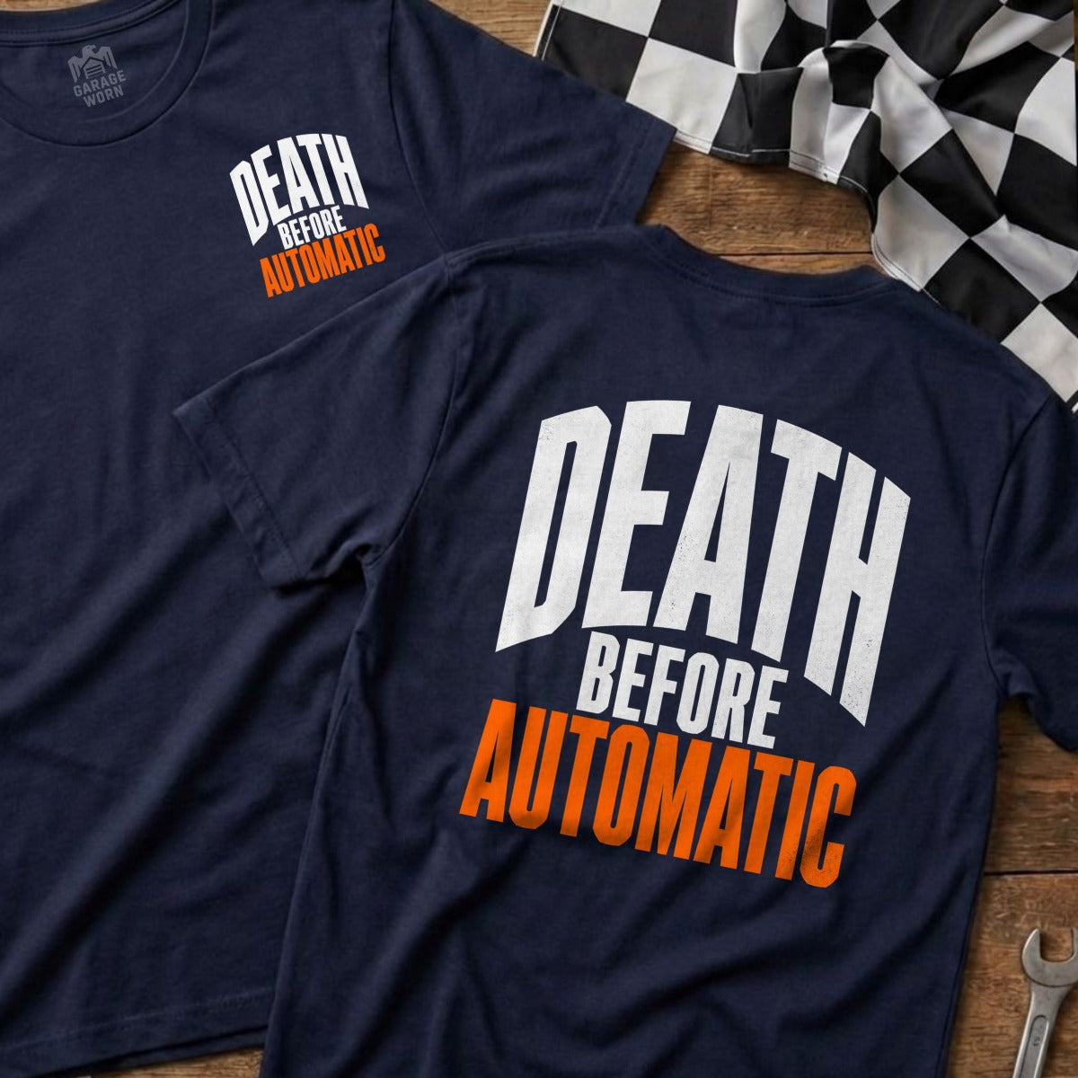 Dark blue t-shirts with "DEATH BEFORE AUTOMATIC" text in white and orange.
