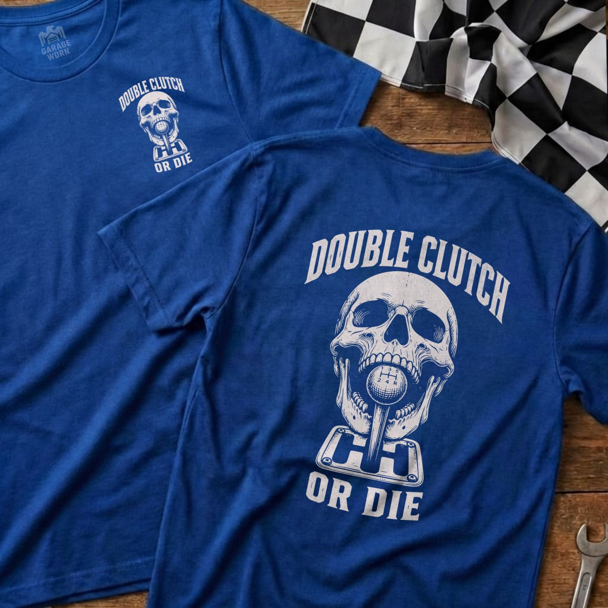 Blue t-shirt with skull, gear shift, and "Double Clutch Or Die" text.