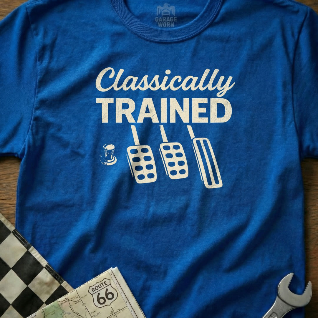 Blue t-shirt with "Classically Trained" and pedal graphic.
