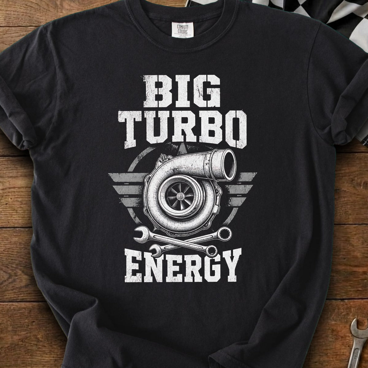 Black t-shirt with "BIG TURBO ENERGY" text and turbo engine graphic.