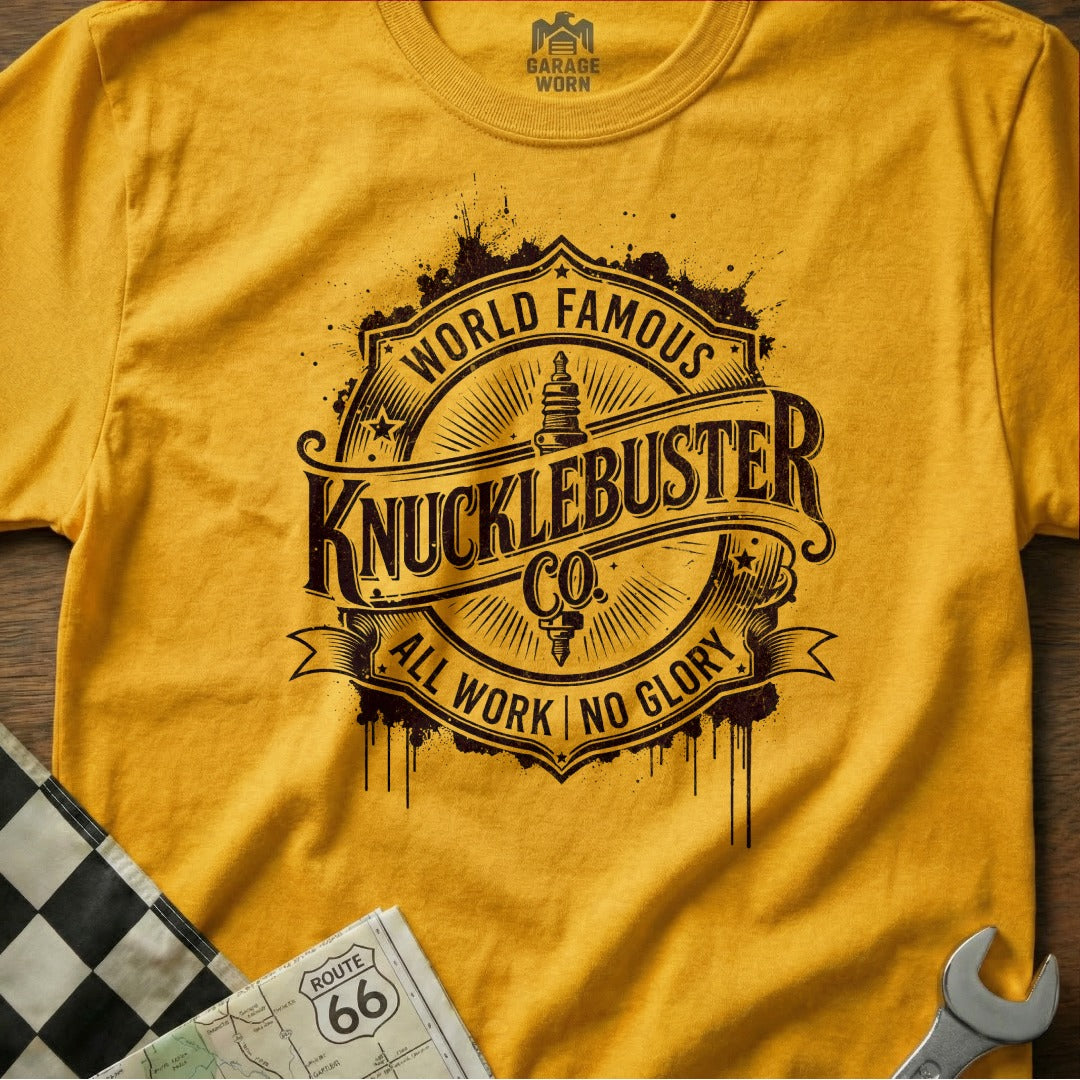 World Famous Knucklebuster Co. All Work No Glory yellow t-shirt.