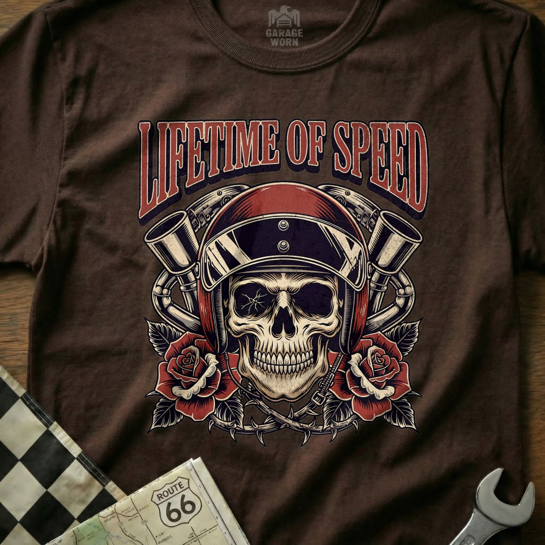 Lifetime of Speed Skull Biker Helmet Graphic Tee