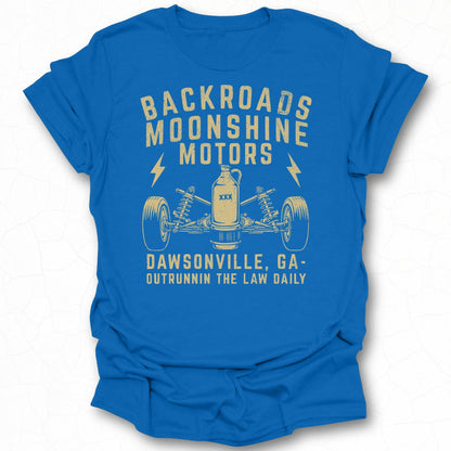 Backroads Moonshine Motors Outrun The Law Shirt