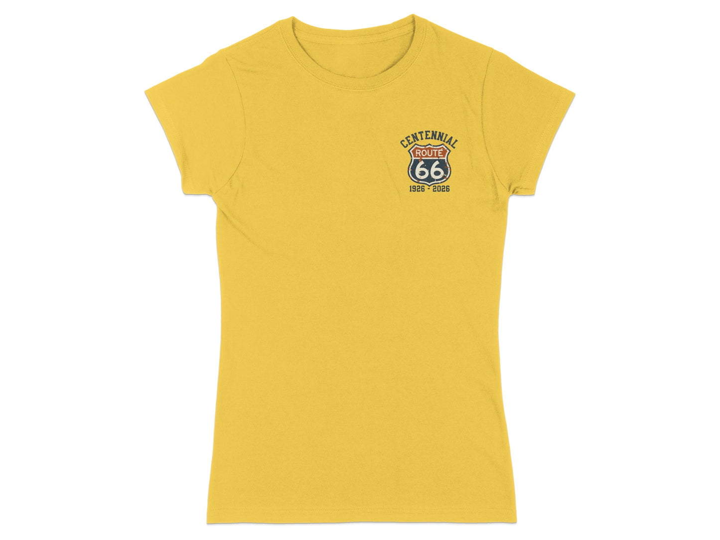 Yellow t-shirt with "Centennial Route 66 1926-2026" graphic on chest.