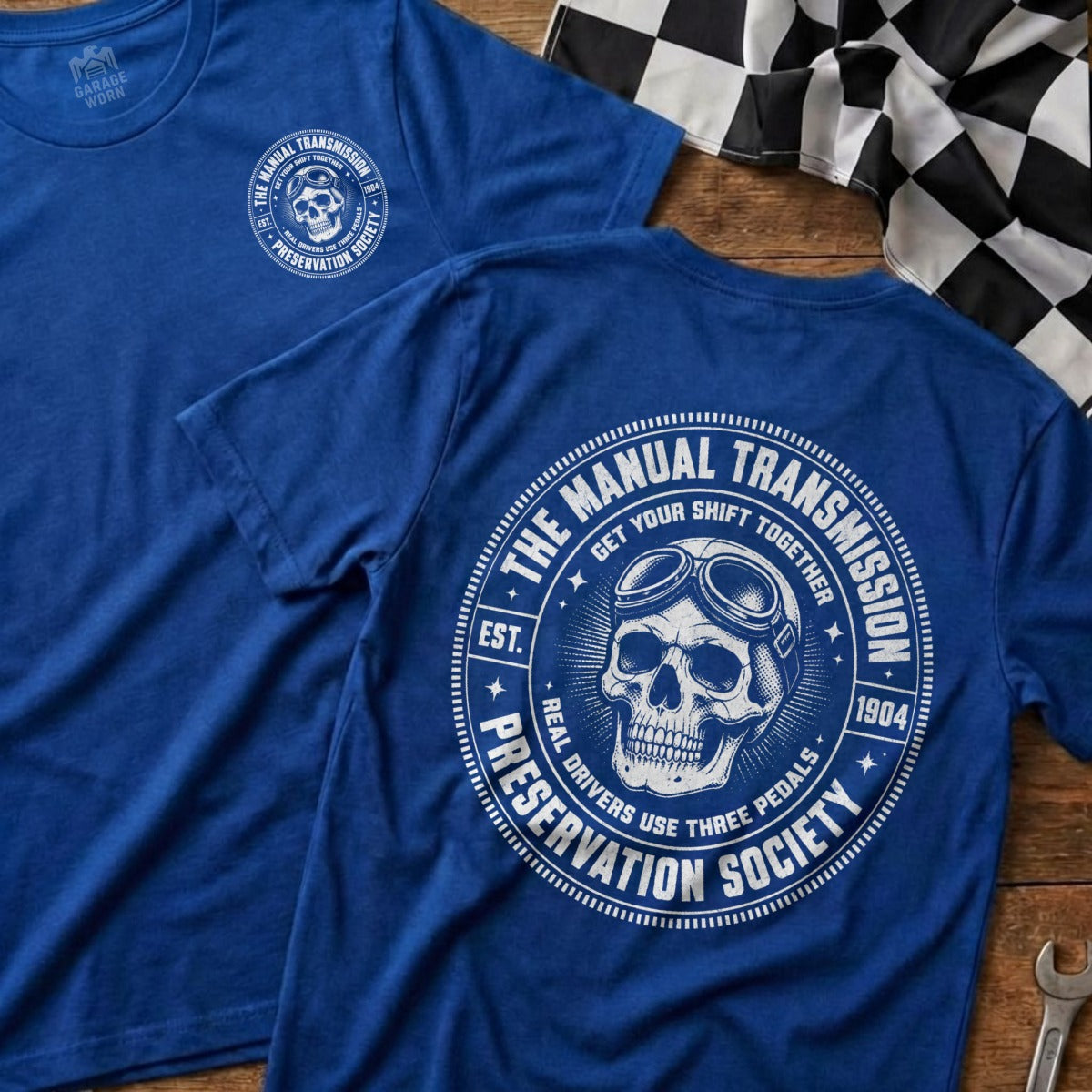 Blue t-shirt with "The Manual Transmission Preservation Society" graphic featuring a skull.