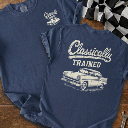 Navy t-shirt with "Classically TRAINED" and vintage car graphic.