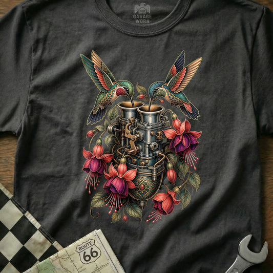 Two hummingbirds drink from a vintage carburetor surrounded by fuchsia flowers.