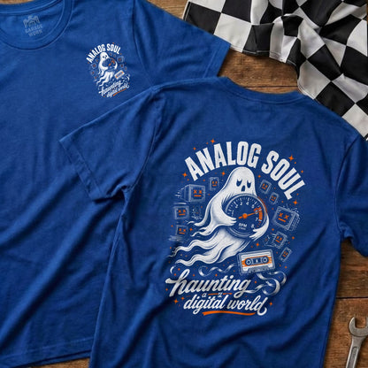Blue t-shirt with "Analog Soul" and a ghost holding a RPM gauge.