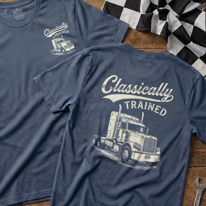 Blue t-shirts featuring a "Classically Trained" graphic with a truck illustration.