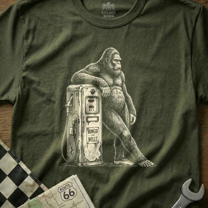 Bigfoot leaning on vintage gas pump with "BUNGAR AND WILLT" text.