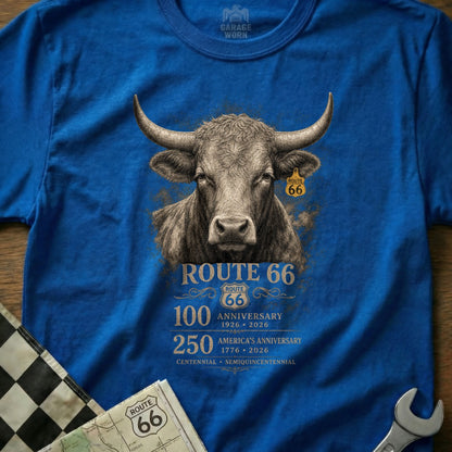 Blue t-shirt with a bull graphic and Route 66 anniversary text.