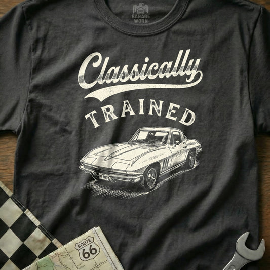 T-shirt with "Classically TRAINED" and vintage car graphic.