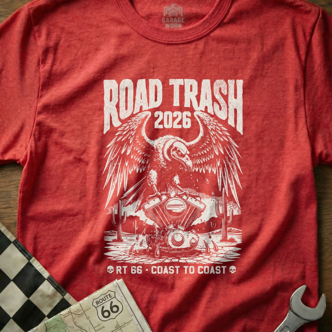 Red t-shirt with "Road Trash 2026" and eagle over motorcycle graphic.