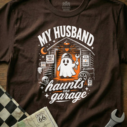 My Husband Haunts the Garage, featuring a ghost mechanic and garage tools.