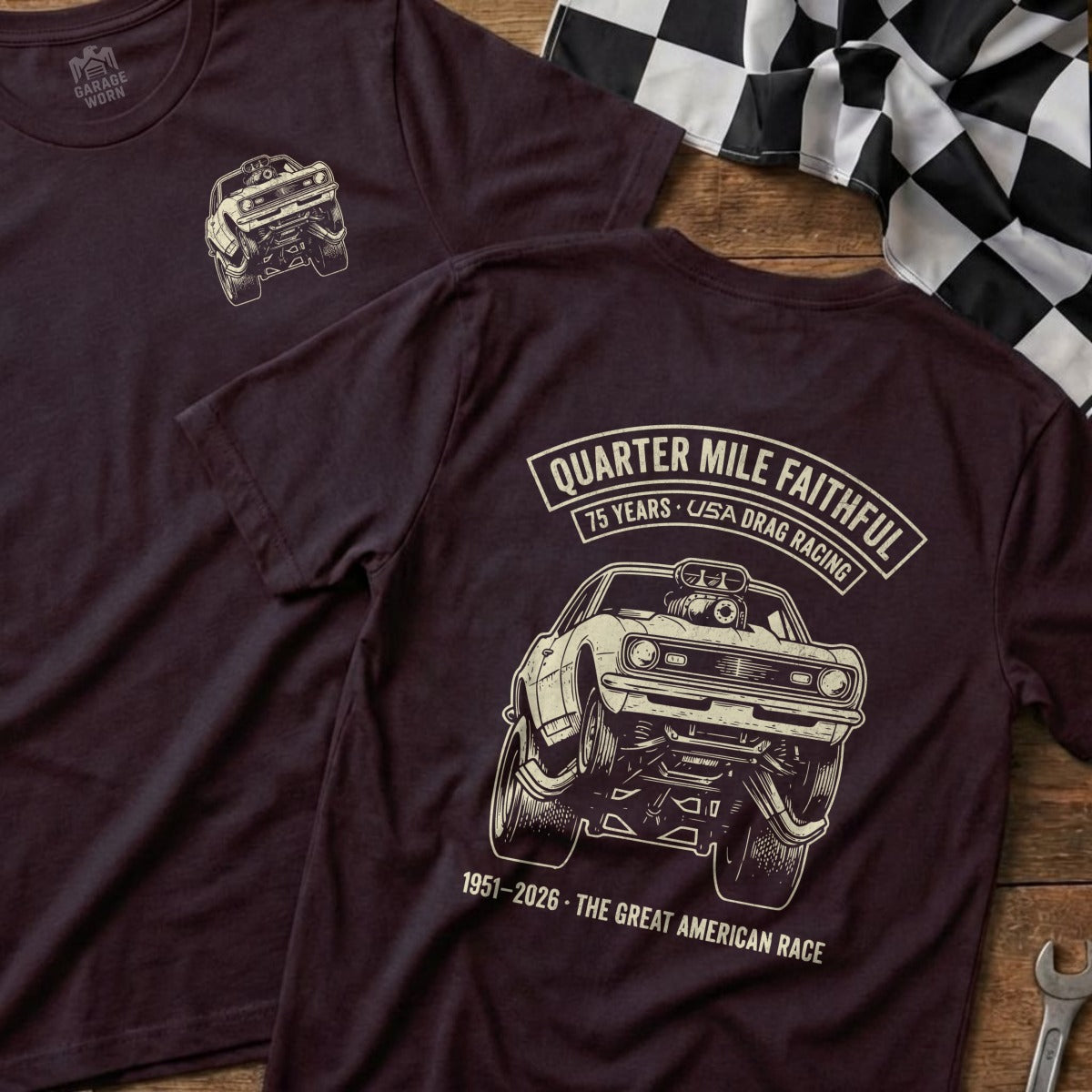 Maroon t-shirt with drag racing car graphic and "Quarter Mile Faithful" text.