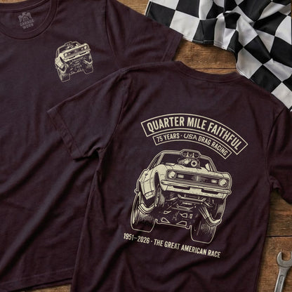 Maroon t-shirt with drag racing car graphic and "Quarter Mile Faithful" text.