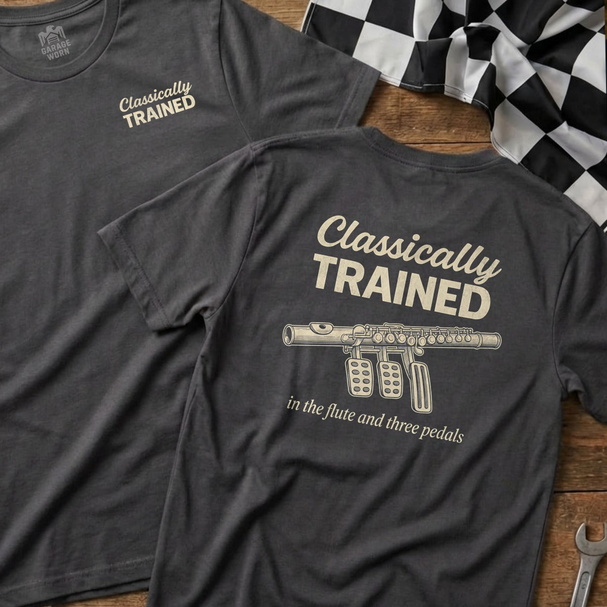 T-shirt with "Classically Trained" and a flute with three pedals.