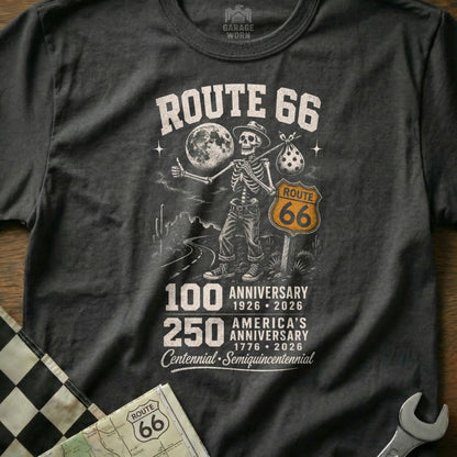Route 66 skeleton hitchhiking with moon and desert scenery. Anniversary dates of 1926-2026 and 1776-2026.