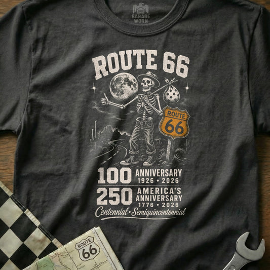 Route 66 skeleton hitchhiking with moon and desert scenery. Anniversary dates of 1926-2026 and 1776-2026.