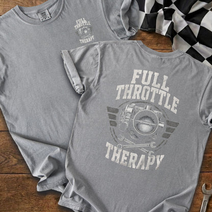 Gray t-shirt with "Full Throttle Therapy" graphic and automotive parts.