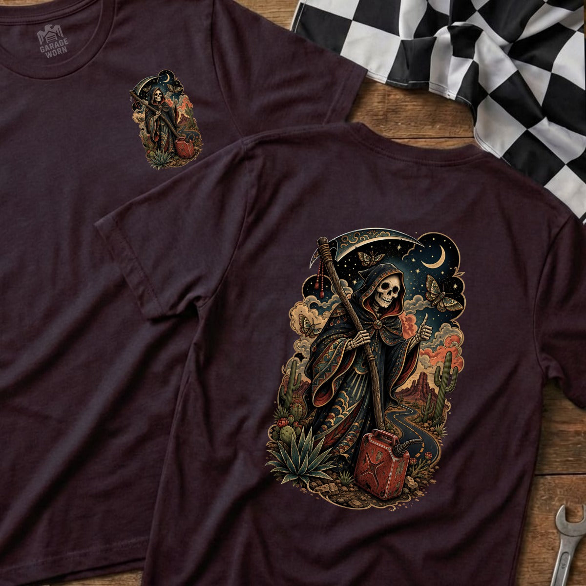 T-shirt with grim reaper, gas can, and desert landscape graphic.